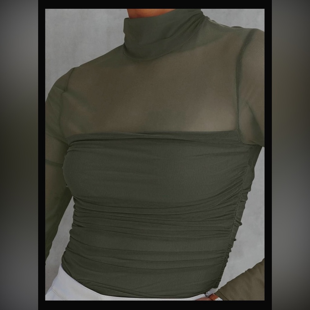 REORIA Mock Turtle Neck Long Sleeve Sheer Mesh Ruched Leotard Bodysuits Tops